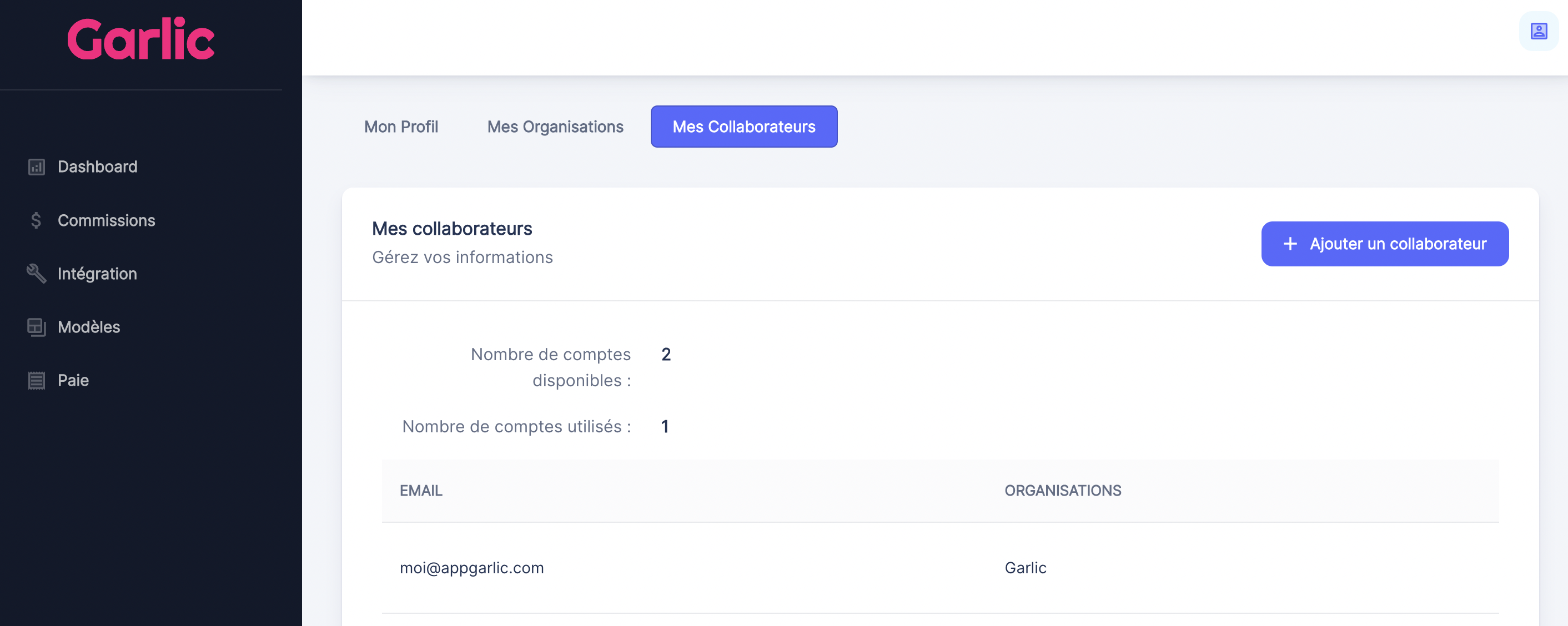 Affichages des équipes d'un administrateur