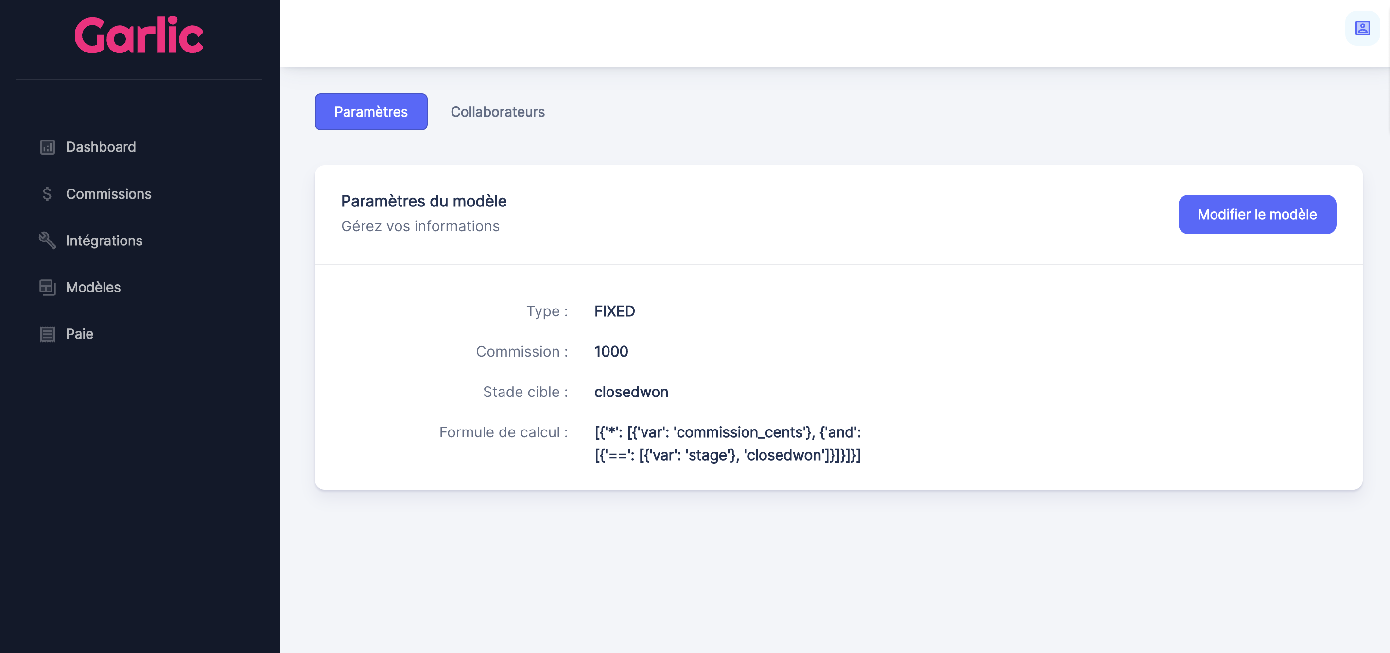 Détails d'un modèle de commissionnement
